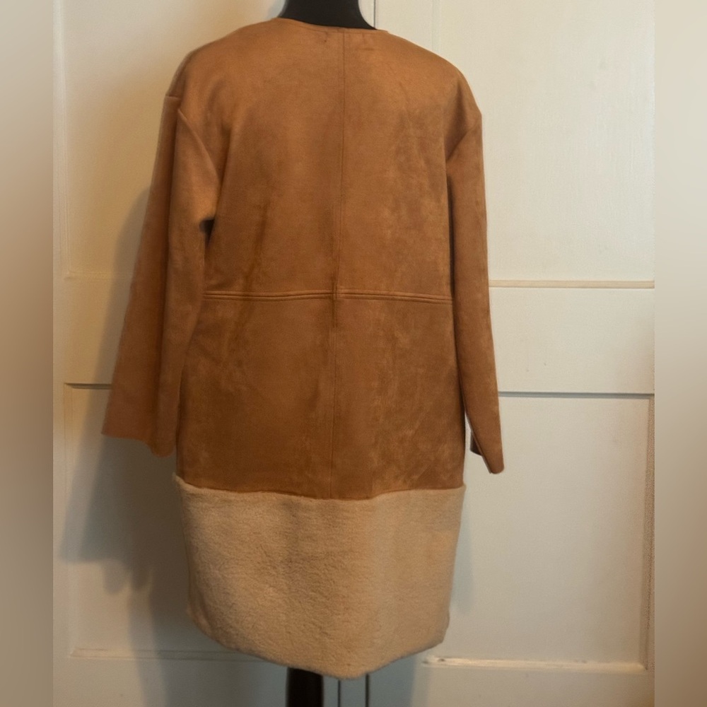 Zara Ladies Coat Faux Suede Sheepskin Shearling  Fur Lightweight Tan Cream  S - Picture 6 of 16